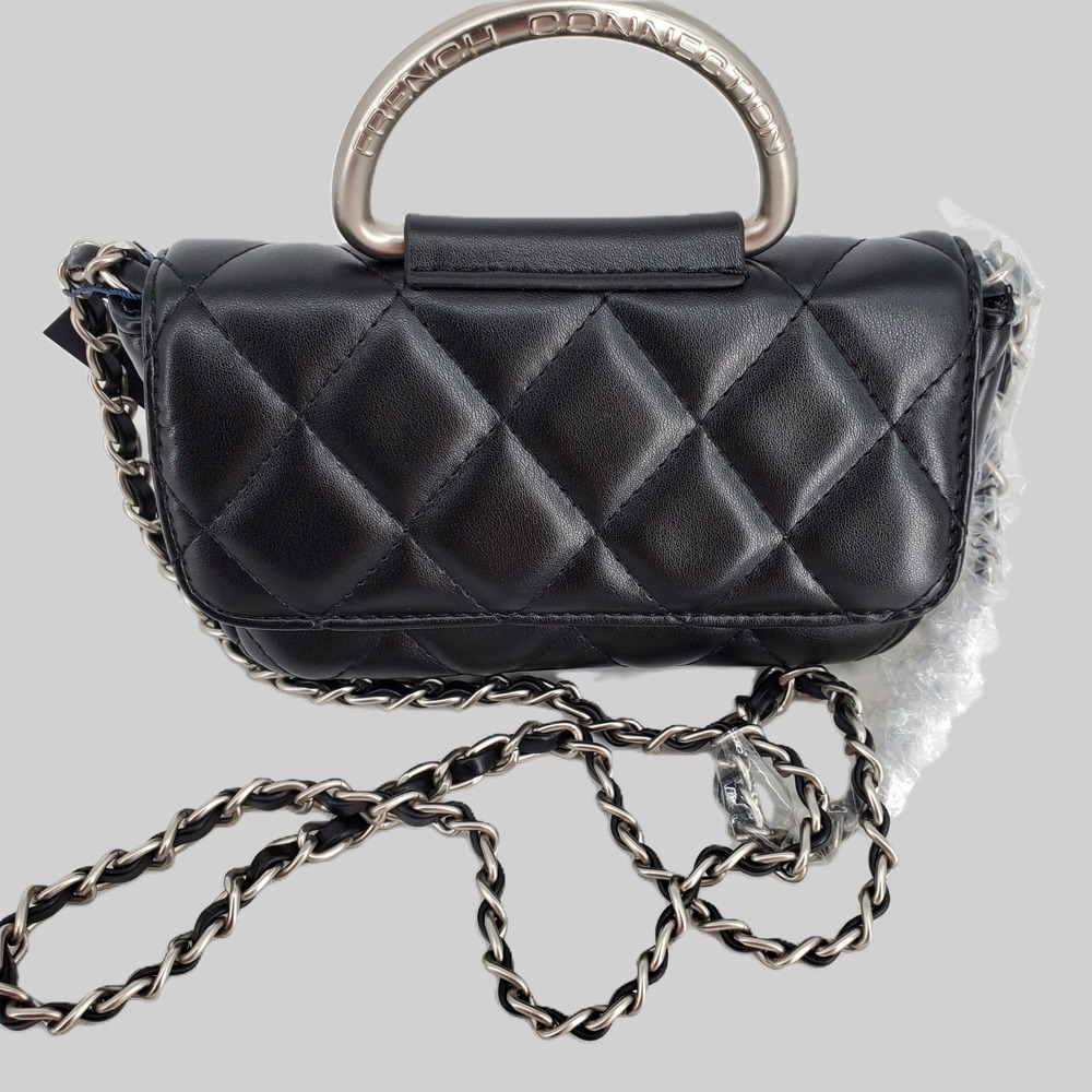 French Connection MELL Quilted Crossbody Bag Black Chain Handle Top Handle Purse